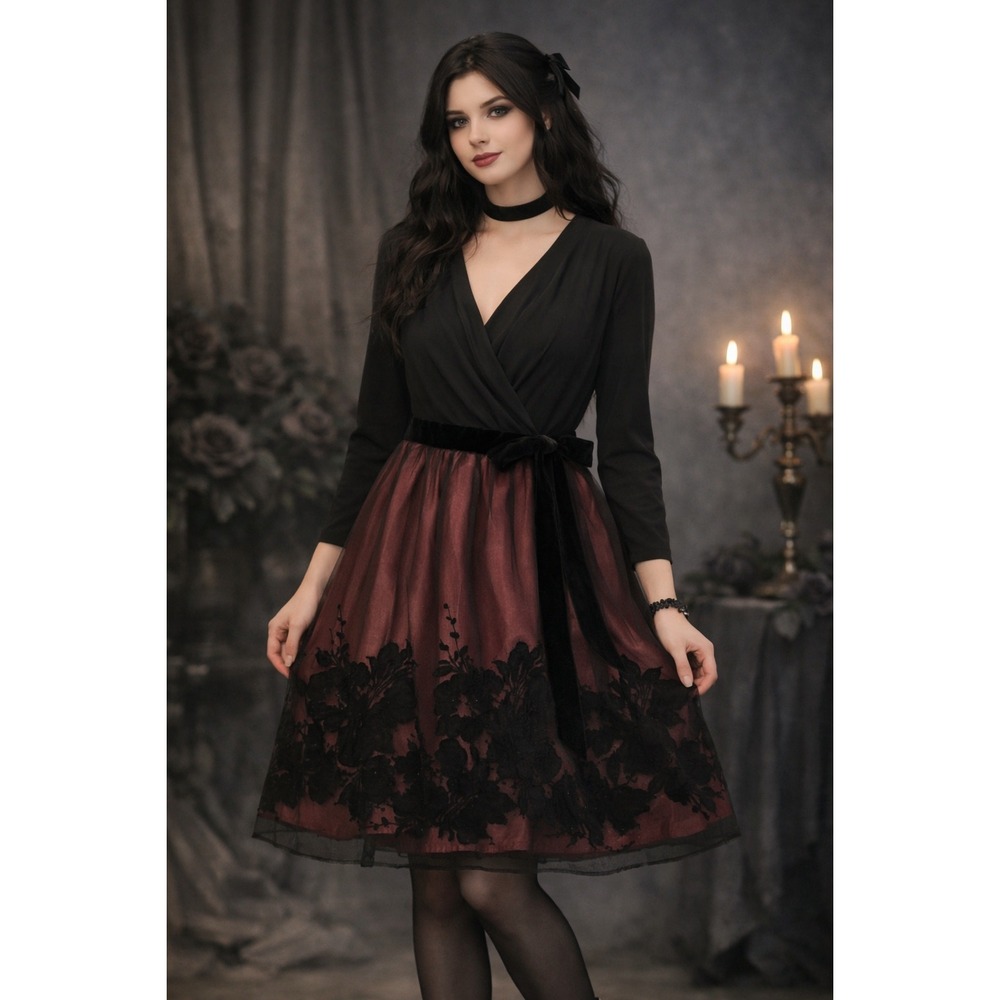Goth Prom Black Burgundy Velvet Floral Tulle Cocktail Dress Womens Size 6